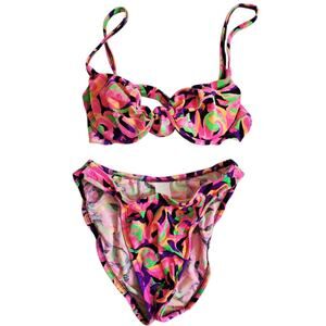 Vintage 80's Bikini High Cut Bottom Padded Top Velour  Too Hot Brazil - XS